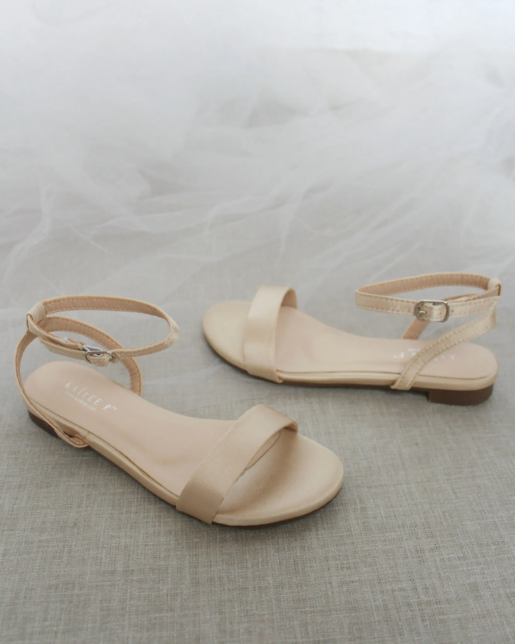 Champagne Satin Flat Sandal with Ankle Strap