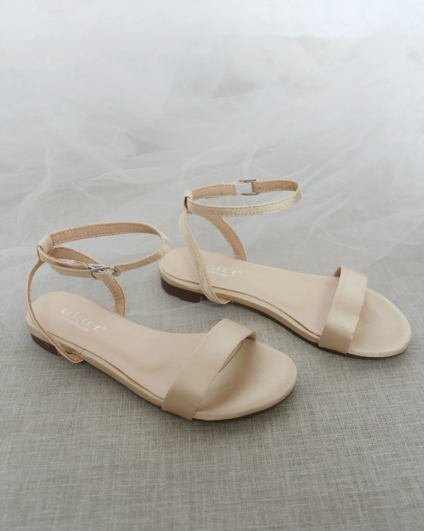 Champagne Satin Flat Sandal with Ankle Strap