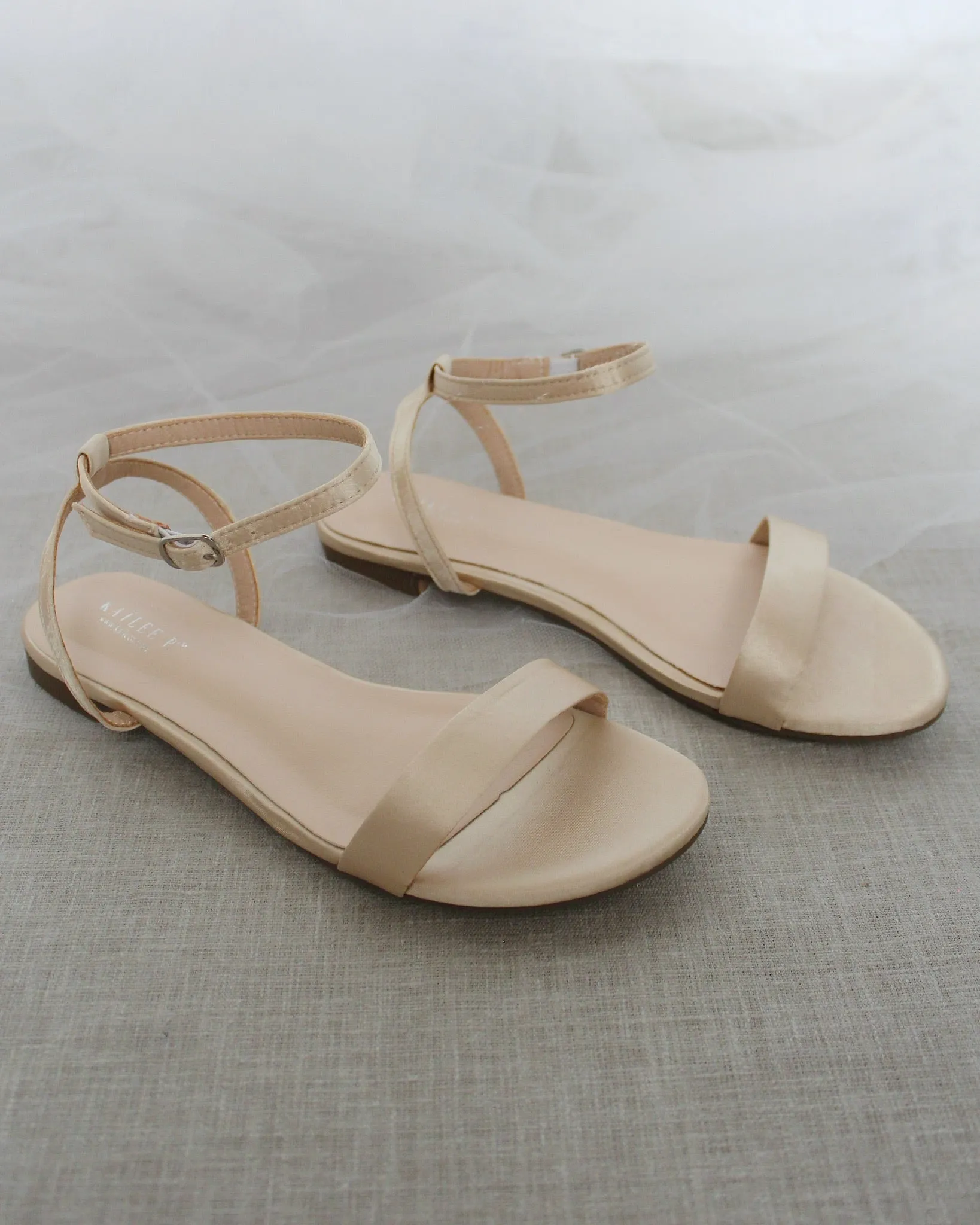 Champagne Satin Flat Sandal with Ankle Strap