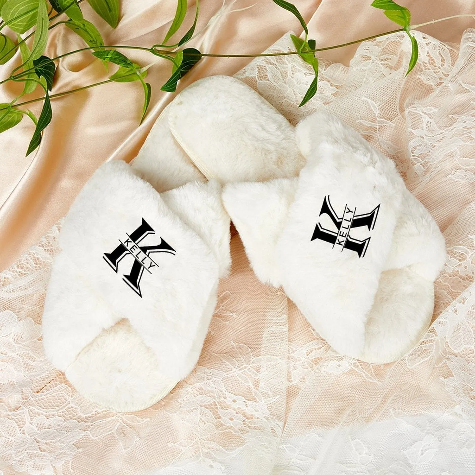 Custom Name&Initials Bridesmaid Slippers Fluffy Bridal Slippers Fuzzy Cross Band House Slide Shoes