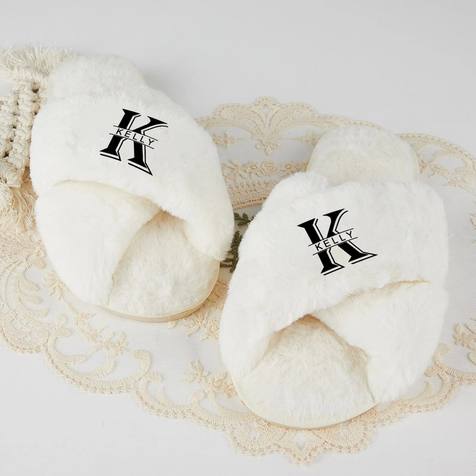 Custom Name&Initials Bridesmaid Slippers Fluffy Bridal Slippers Fuzzy Cross Band House Slide Shoes