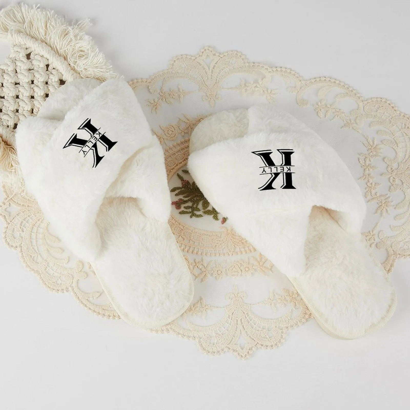 Custom Name&Initials Bridesmaid Slippers Fluffy Bridal Slippers Fuzzy Cross Band House Slide Shoes