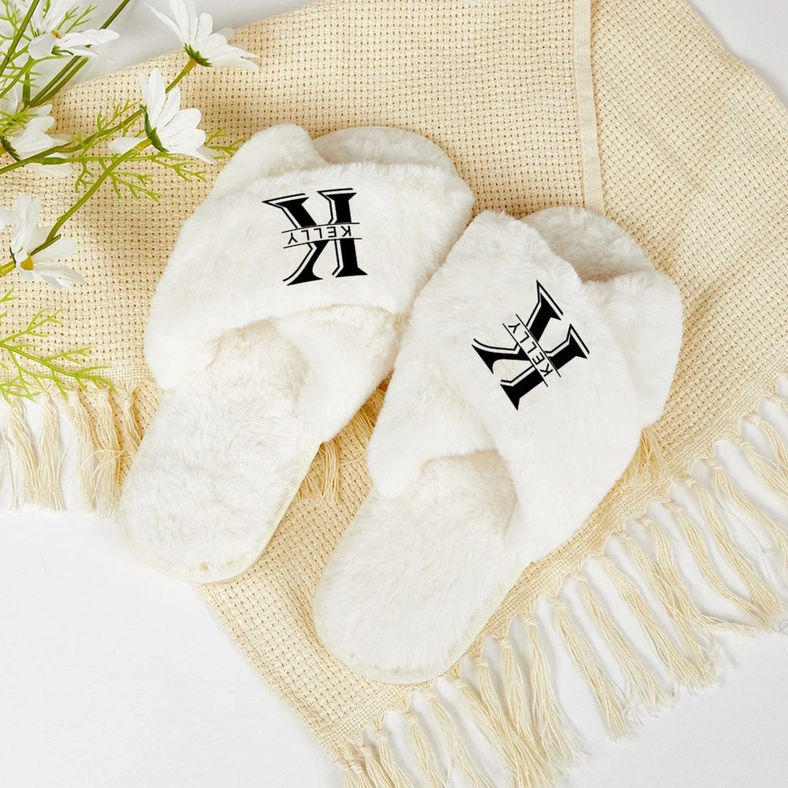 Custom Name&Initials Bridesmaid Slippers Fluffy Bridal Slippers Fuzzy Cross Band House Slide Shoes