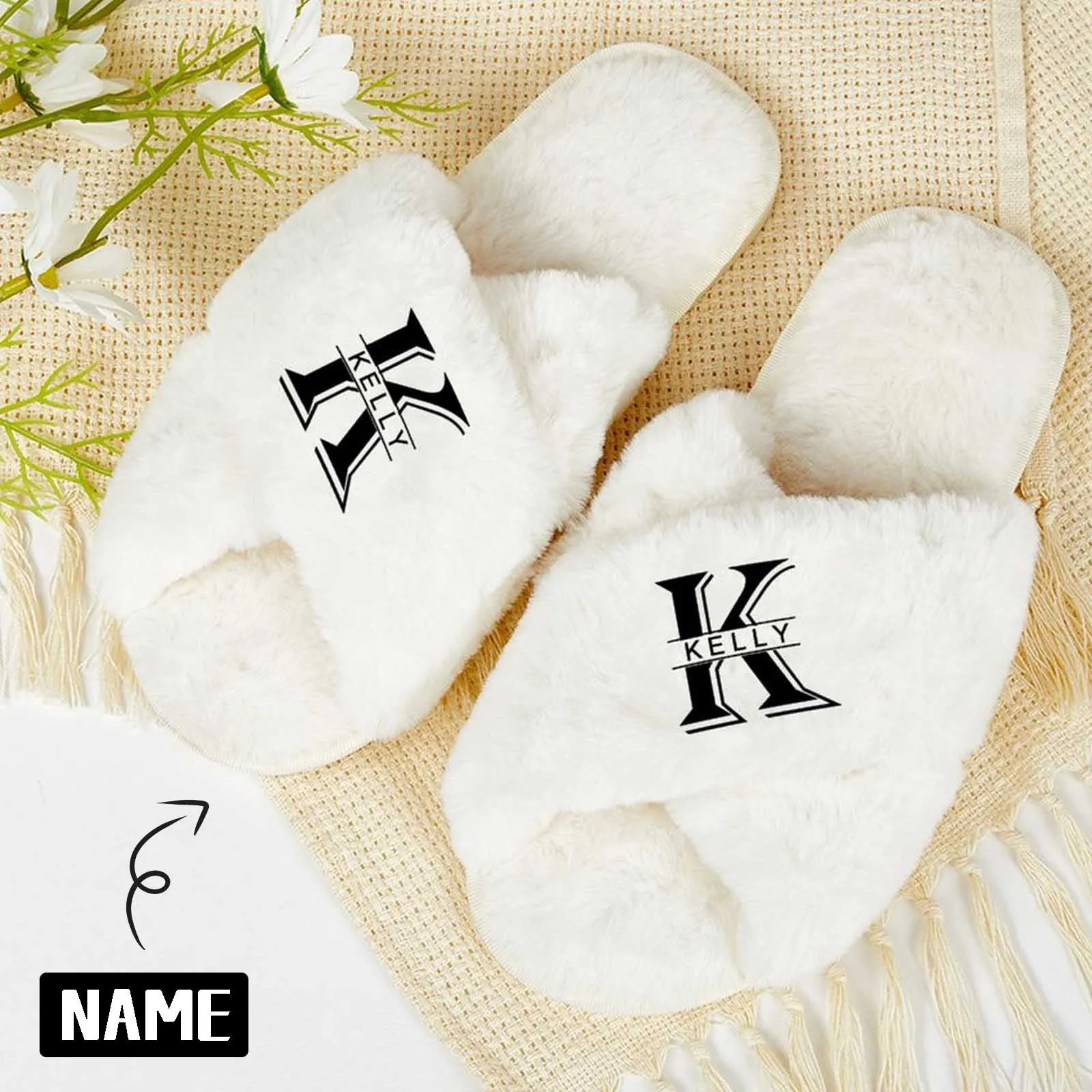 Custom Name&Initials Bridesmaid Slippers Fluffy Bridal Slippers Fuzzy Cross Band House Slide Shoes