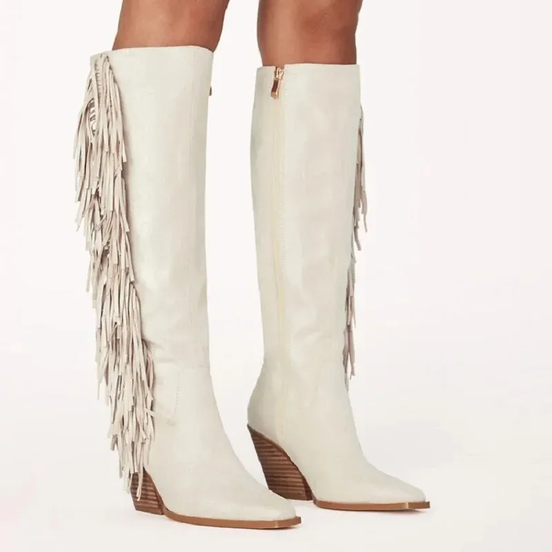 Fringe White Cowboy Boots For Women Western Cowgirl Side Zip White Knee High Shoes For Women 2024