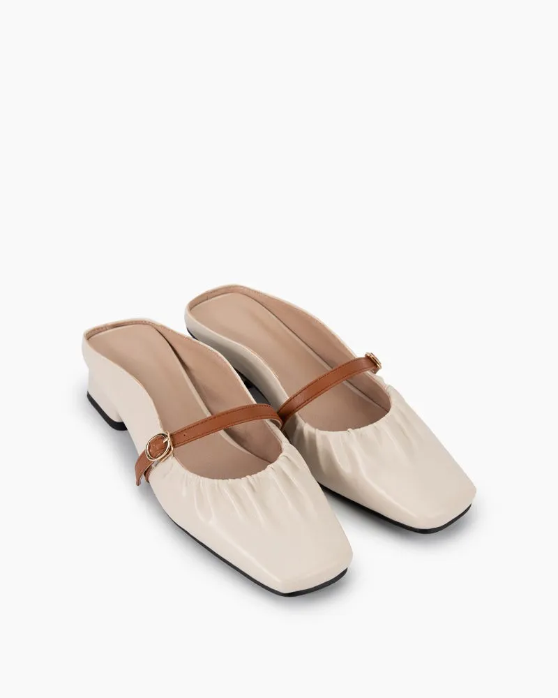 Genuine Leather Low Heel Toe Mule Sandals