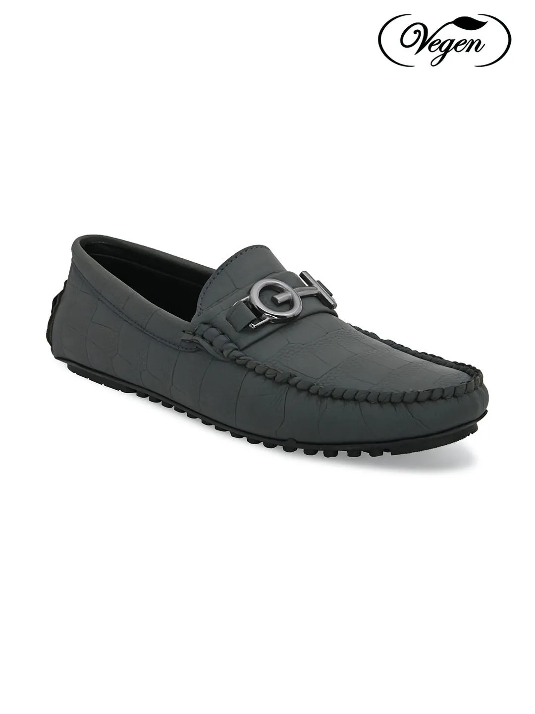 Grey Round Toe Loafer With Metal Accent