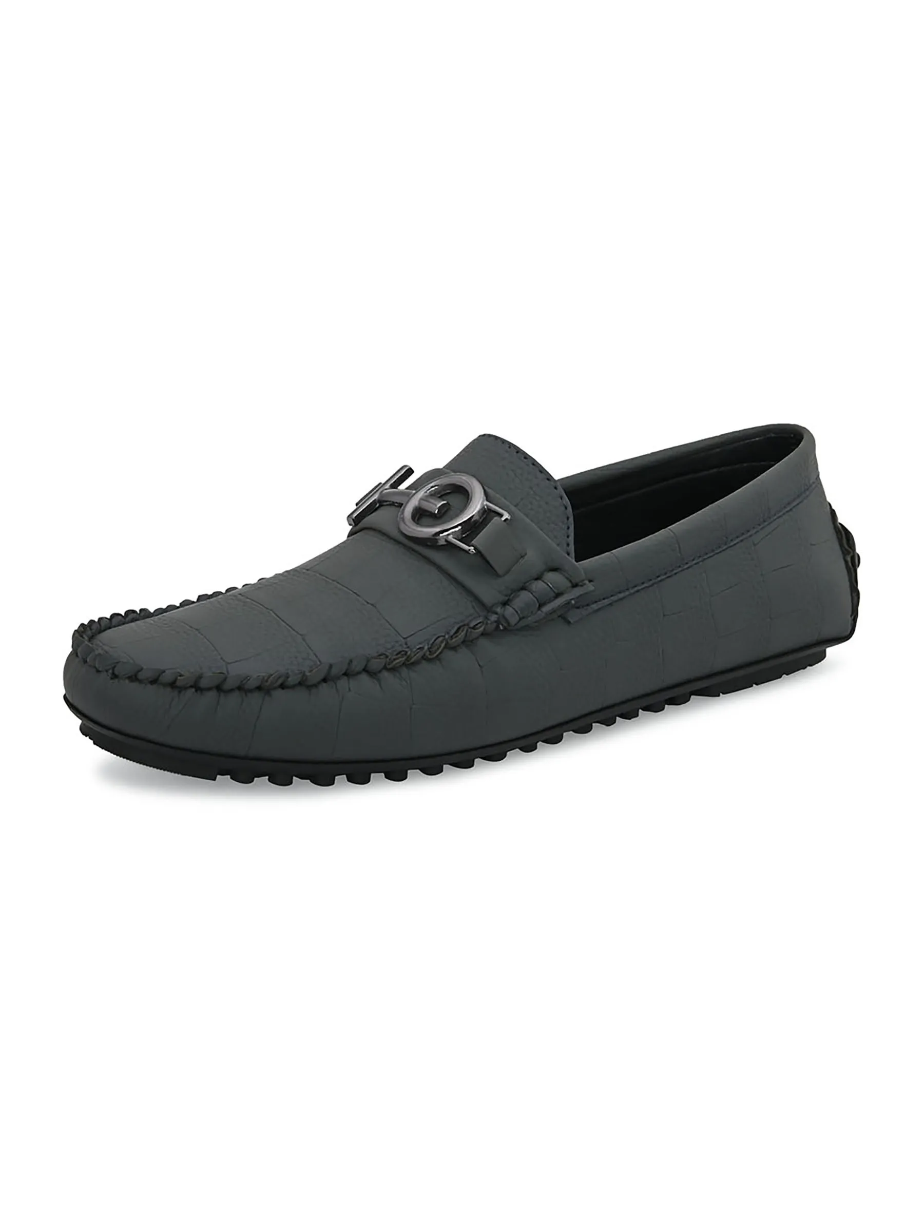 Grey Round Toe Loafer With Metal Accent