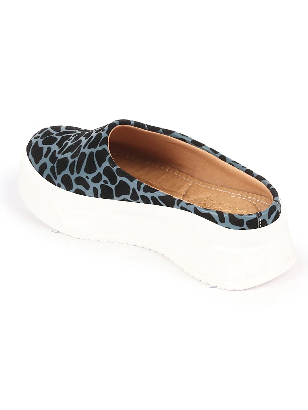 Women Blue Fashion Outdoor Leopard Print Height Enhancer Open Back Slip On Casual Shoes