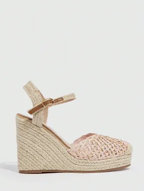 Women Braided Design Ankle Strap Court Wedges, Vacation Straw Shoes