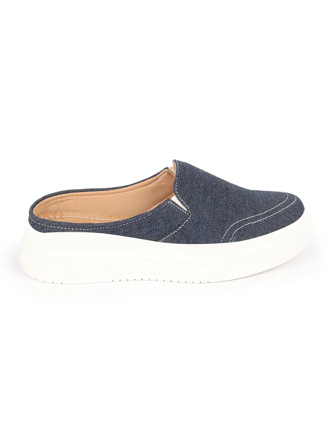 Women Navy Blue Fashion Classic Stitched Upper Denim Open Back Slip On Height Enhancer Casual Shoes