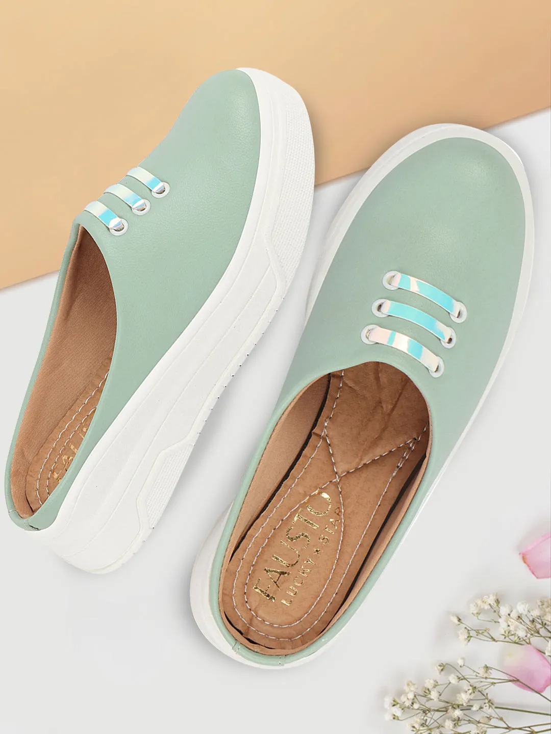 Women Pista Green Outdoor Fashion Comfort Lace Design Open Back Platform Heel Slip On Casual Shoes