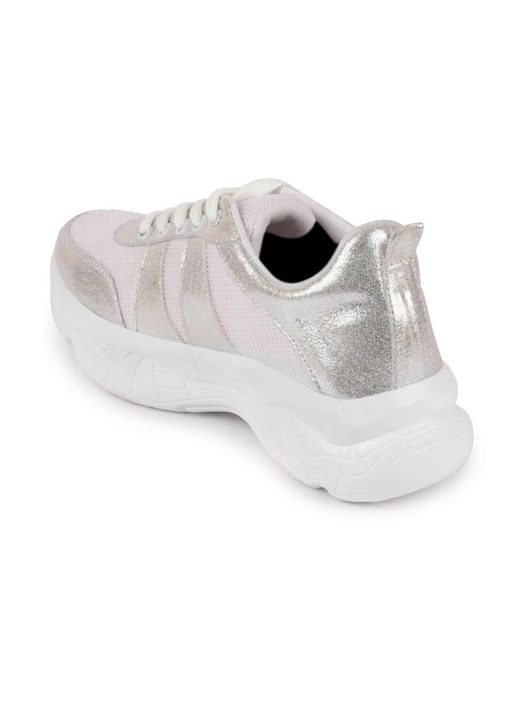 Women White/Silver Lace Up Sneakers