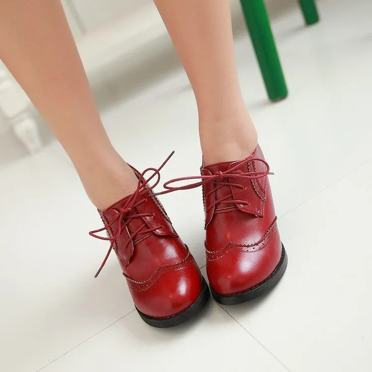 Women's Pu Leather Stitching Lace Up Block Heel Oxford Shoes