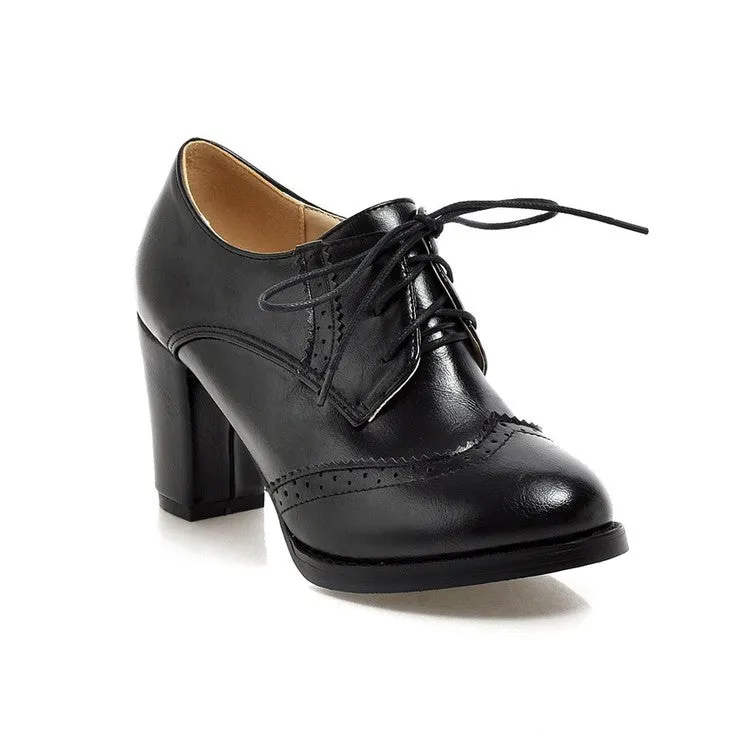 Women's Pu Leather Stitching Lace Up Block Heel Oxford Shoes