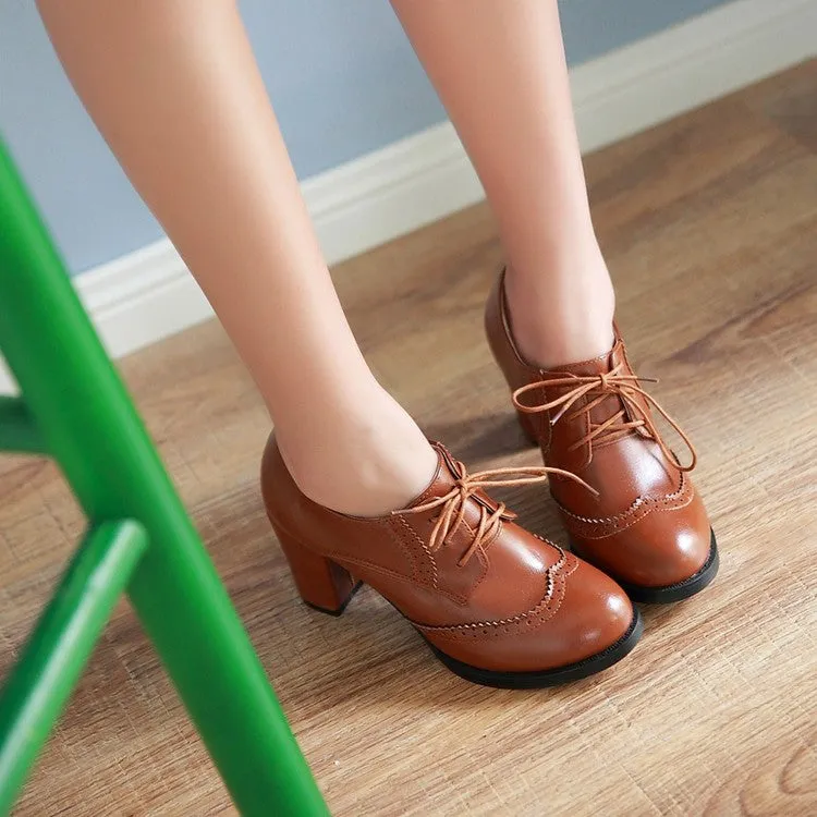 Women's Pu Leather Stitching Lace Up Block Heel Oxford Shoes