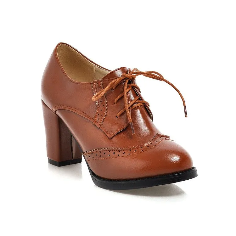 Women's Pu Leather Stitching Lace Up Block Heel Oxford Shoes