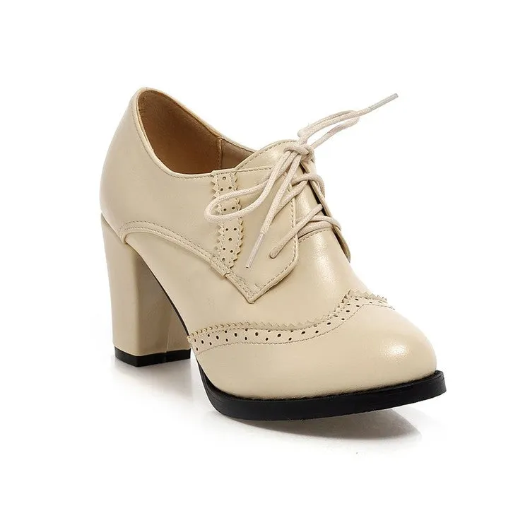 Women's Pu Leather Stitching Lace Up Block Heel Oxford Shoes