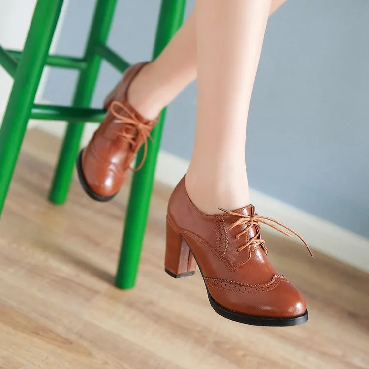 Women's Pu Leather Stitching Lace Up Block Heel Oxford Shoes