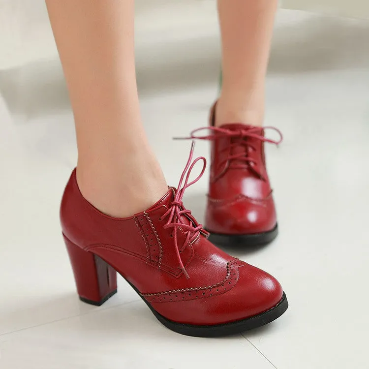 Women's Pu Leather Stitching Lace Up Block Heel Oxford Shoes