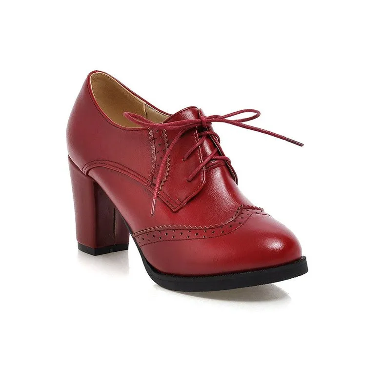 Women's Pu Leather Stitching Lace Up Block Heel Oxford Shoes