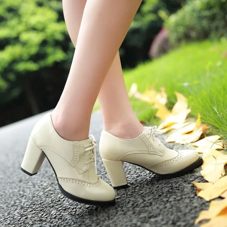 Women's Pu Leather Stitching Lace Up Block Heel Oxford Shoes