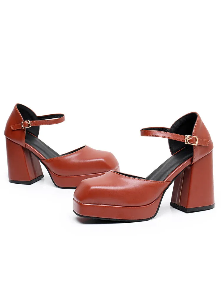 Women's Square Toe Ankle Strap Block Chunky Heel Platform Sandals